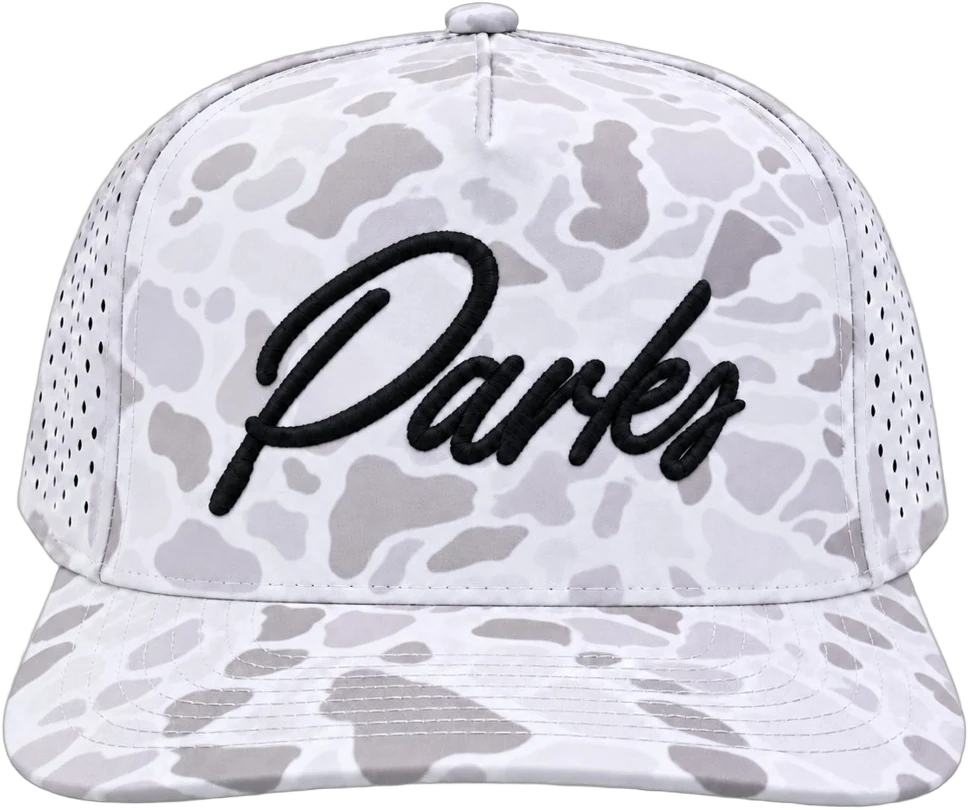 Parks white camo waterproof hat with the Parks script logo